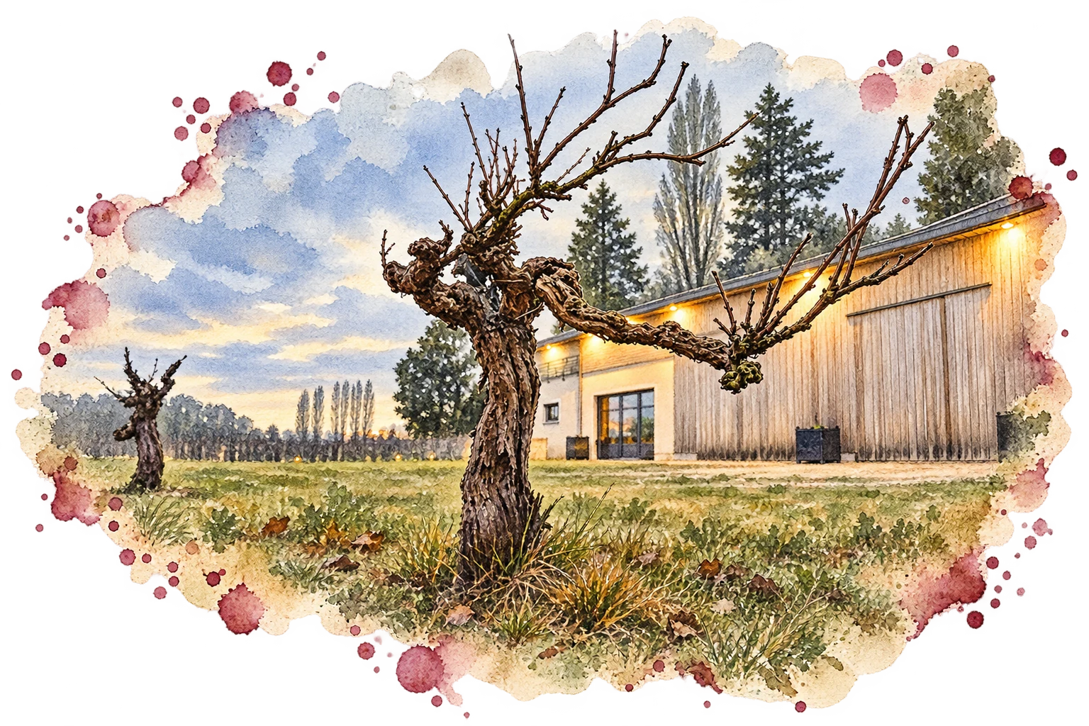 Aquarelle du chai en bois éclairé au crépuscule, derrière un arbre taillé