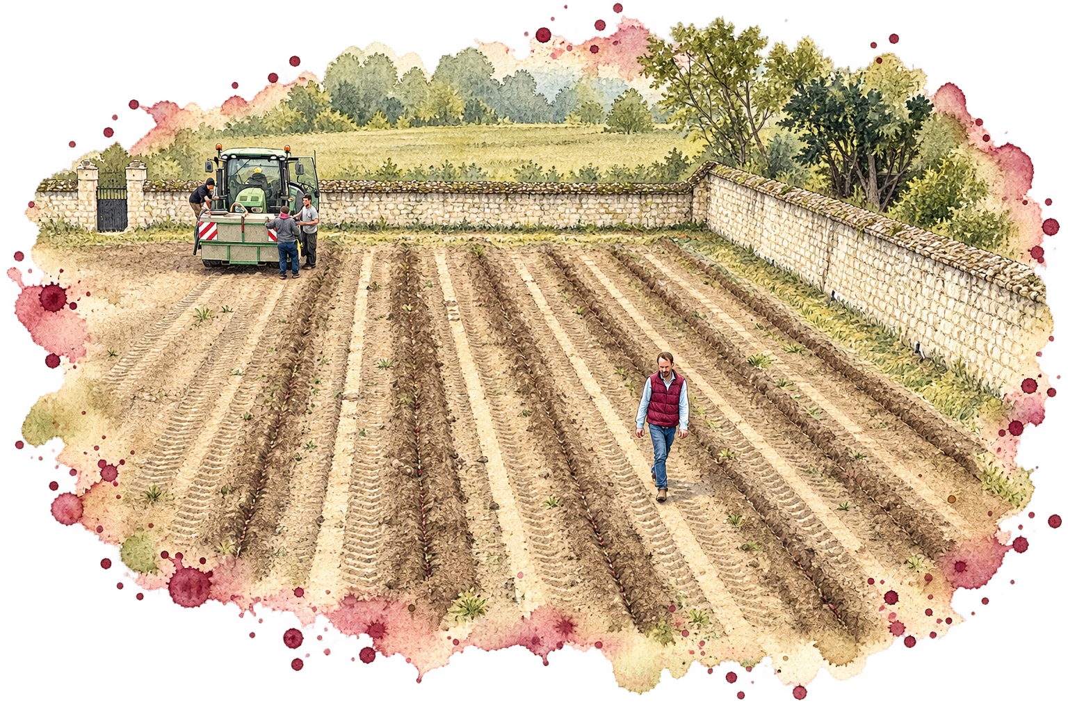 Aquarelle des premières plantations dans le clos de tuffeau, avec le tracteur et les travailleurs entre les rangs