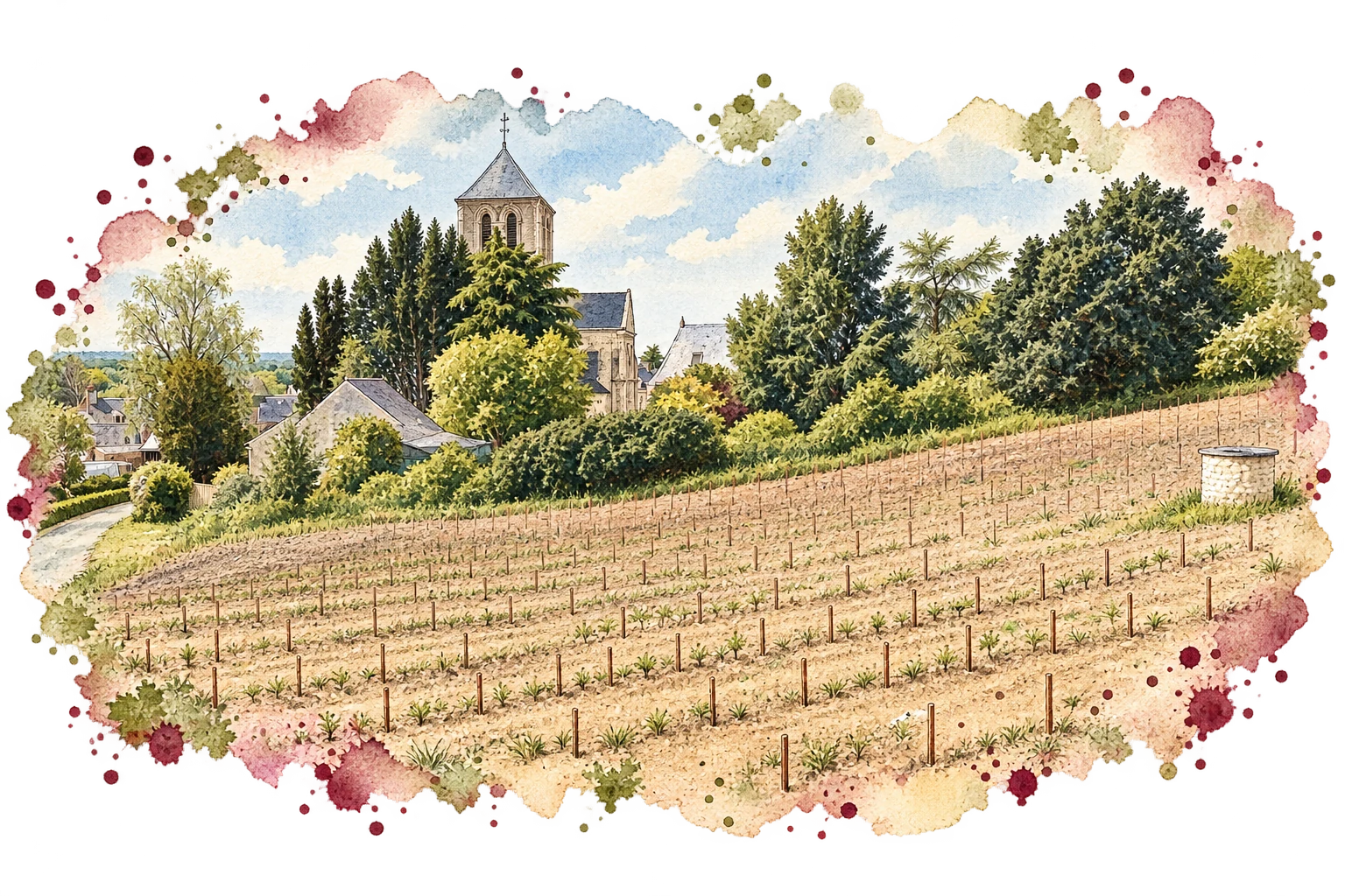 Aquarelle de la parcelle du chemin des amoureux, en pente sous le clocher de Brion, avec son puits de pierre
