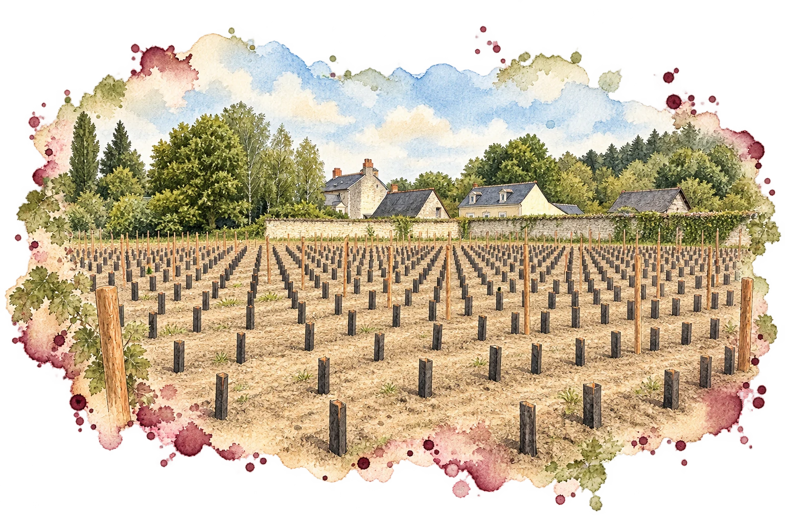 Aquarelle des jeunes vignes du verger historique, entourées d’un mur de tuffeau et des maisons de Brion