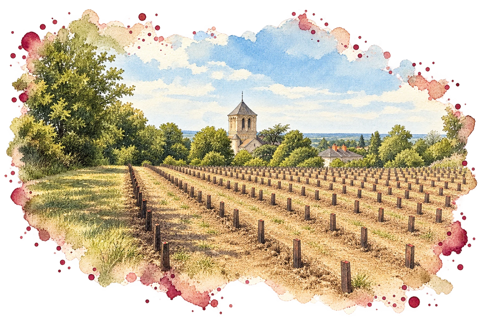 Aquarelle des plantations au sommet du tertre, avec les rangs de vigne et le clocher de Brion à l’horizon