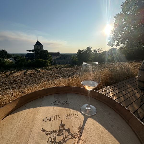 Verre de rosé sur un fût au soleil couchant