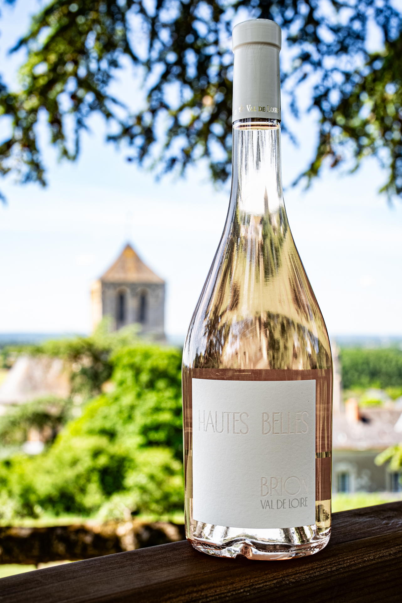 Une bouteille des Hautes Belles devant le clocher de Brion, sous les branches d’un arbre